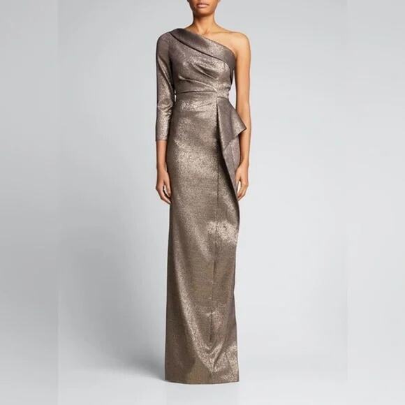 Rickie Freeman Teri Jon Bronze One Shoulder Jacquard Peplum Formal Gown 16 - Picture 2 of 13